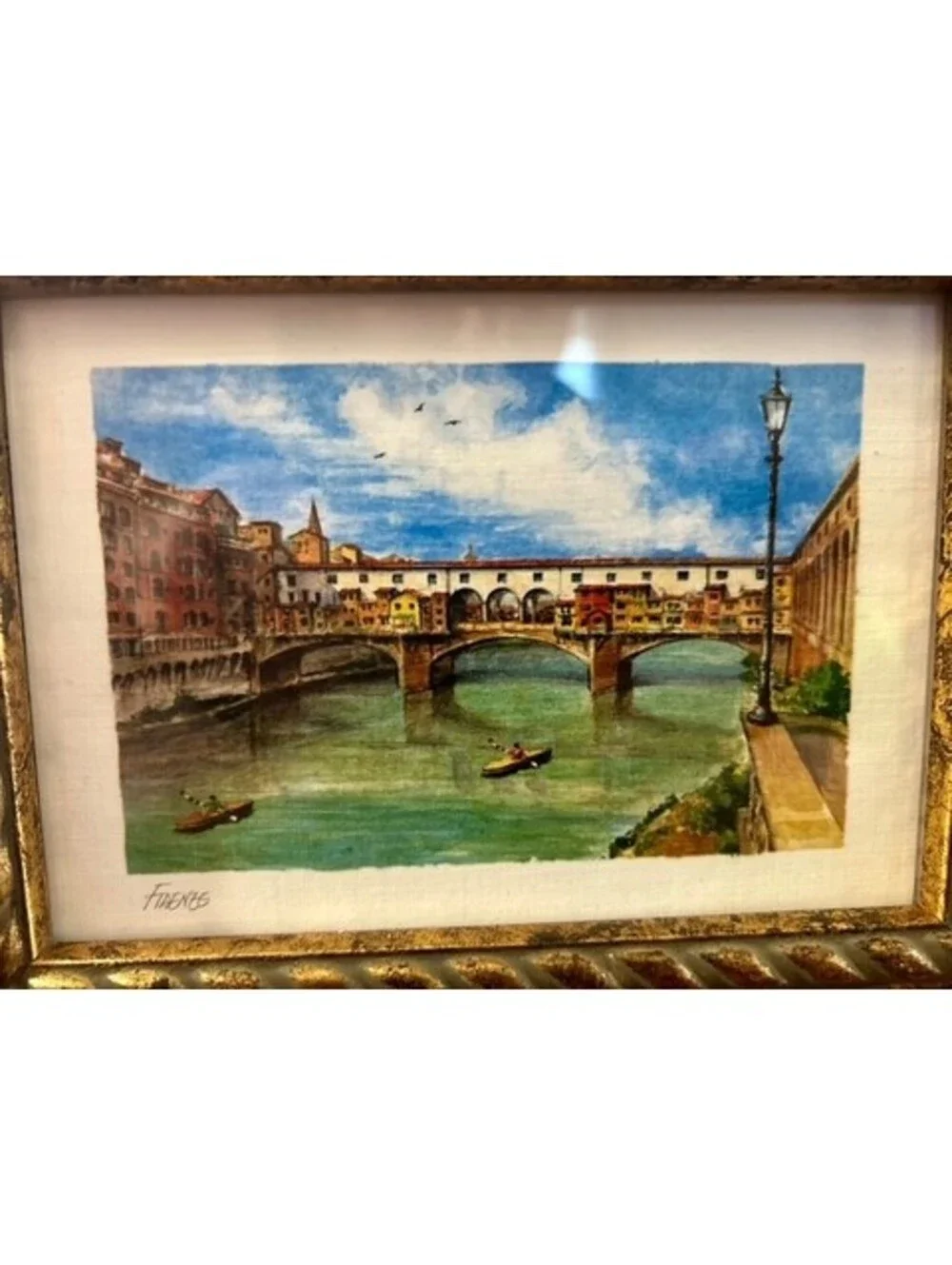 Vintage Gold-Toned Picture Frame with Ponte Vecchio Bridge Print Florence, Italy